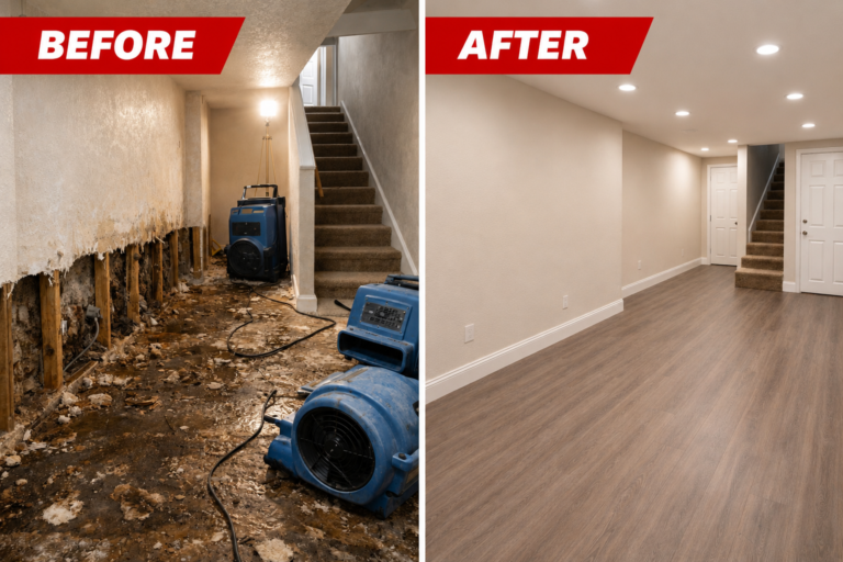 Before and after water damage restoration in a basement - flood damage repair and drying